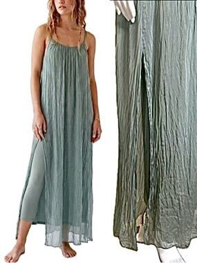 Mahina Silk Viscose Slipdress OS Sage Green Sheer Crinkled Maxi Dress Fairy